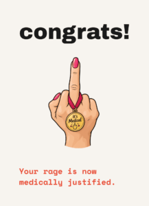 Funny menopause card that reads "Congrats!" on a cream front