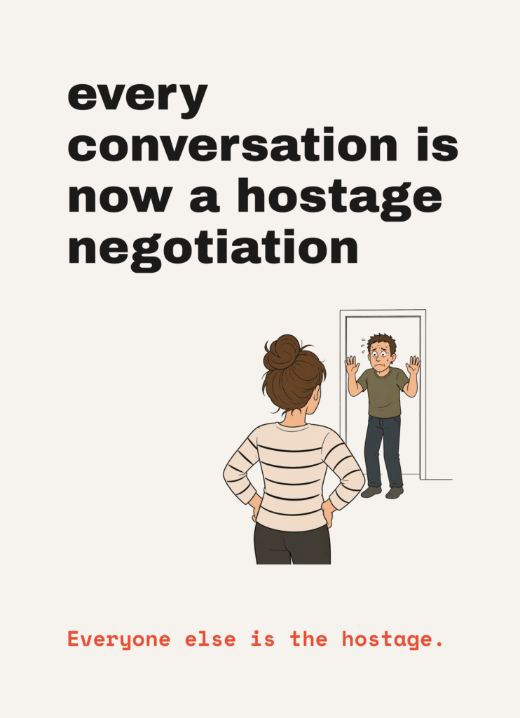 Funny menopause card that reads "Every conversation is now a hostage negotiation" on a cream front