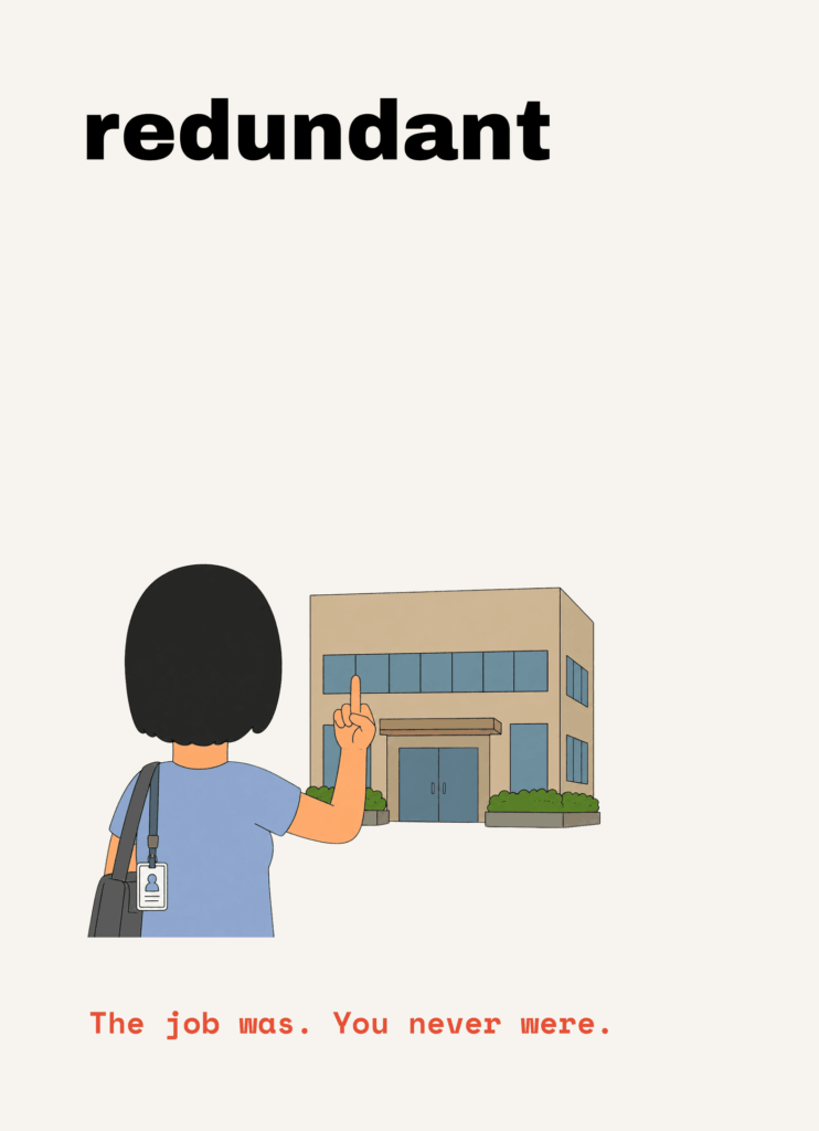 Funny redundancy card that reads "Redundant" on a cream front