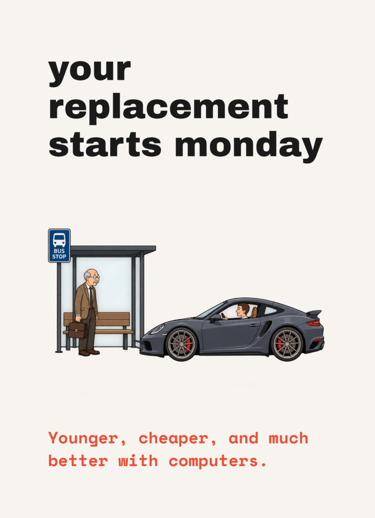 Funny retirement card that reads "Your replacement starts Monday" on a cream front
