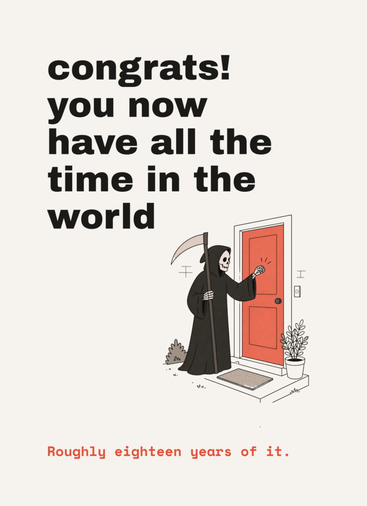 Funny retirement card that reads "Congrats! You now have all the time in the world" on a cream front