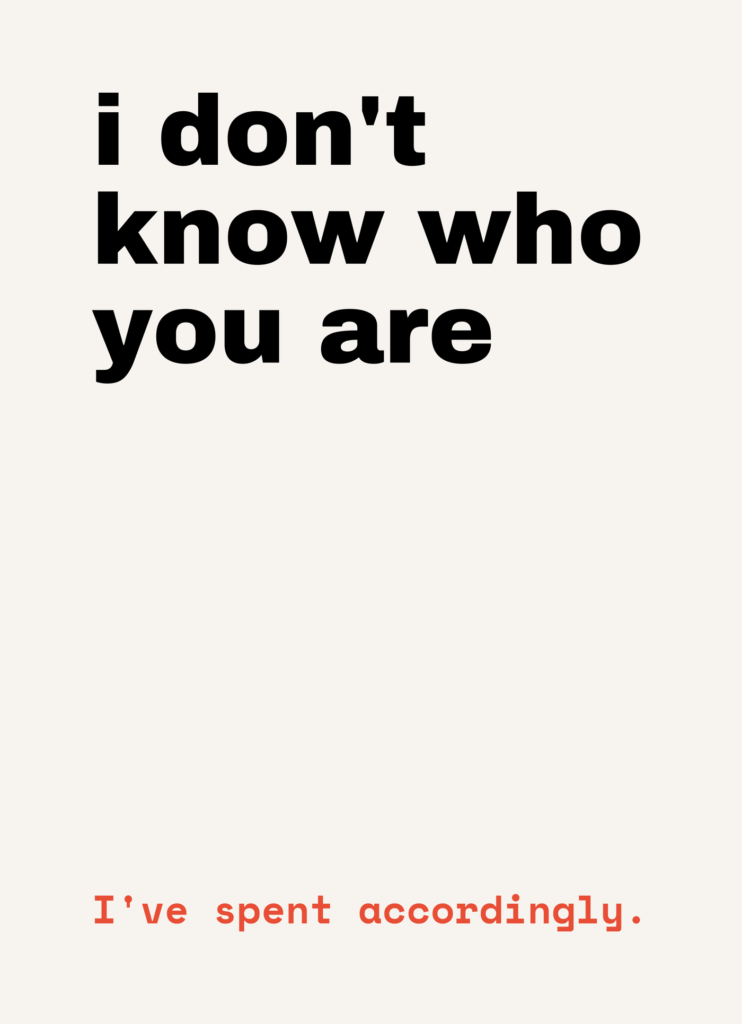 Funny Christmas card that reads "I don't know who you are" on a cream front
